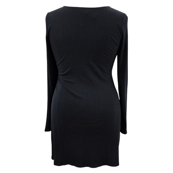 American Eagle NWT Black Ribbed Knit Twist Cutout Front Long Sleeve Mini Dress - Picture 2 of 8